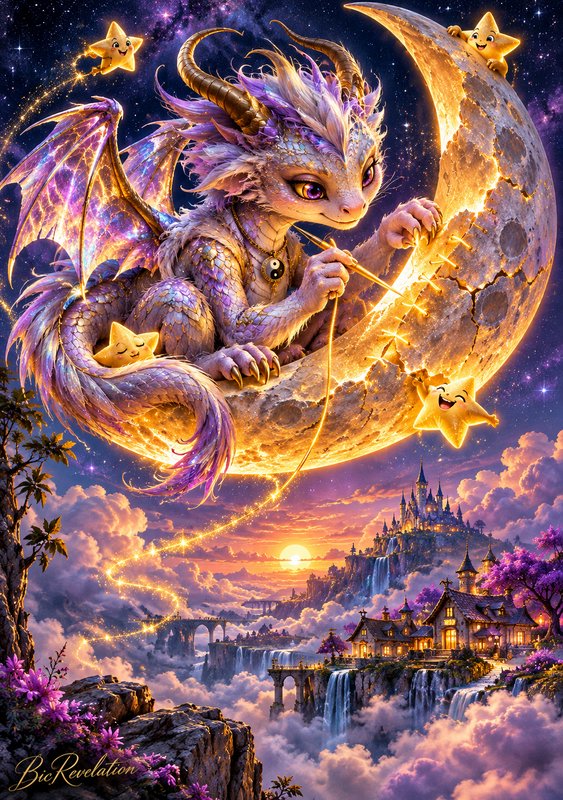 Cute iridescent lavender dragon stitches a glowing crescent moon surrounded by playful star sprit...