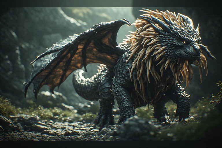 Majestic maned scaled fantasy dragon standing alert on a misty sunlit cave floor