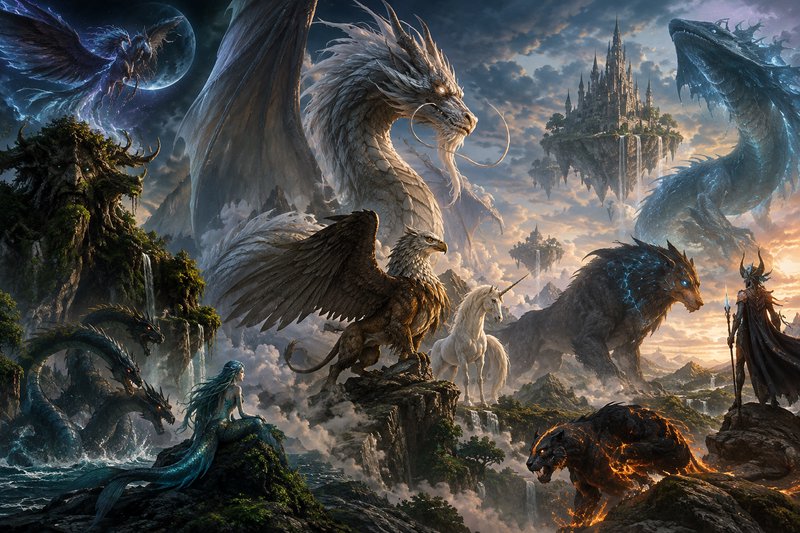 Diverse legendary fantasy creatures gather on floating islets above clouds beside a celestial flo...