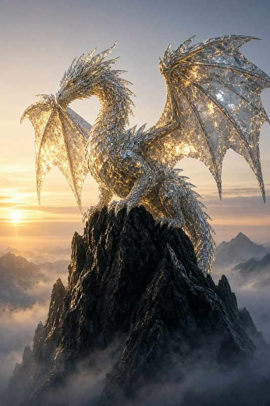 Translucent faceted crystal dragon perched on a jagged mountain peak at golden sunset
