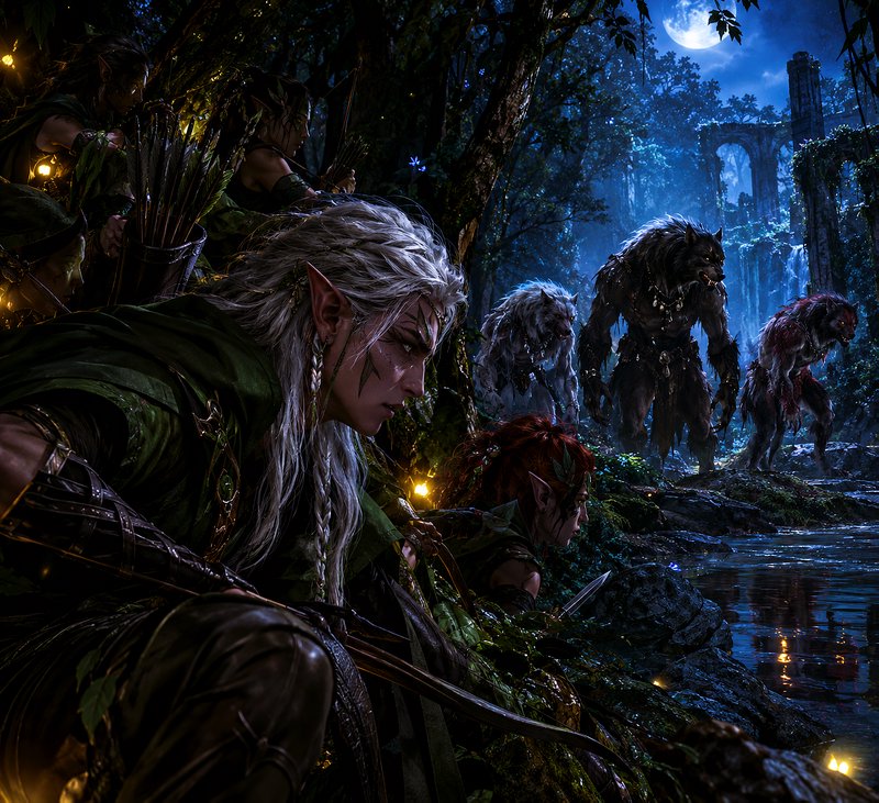 Wood elf ambush party observes approaching werewolf foes from a moonlit forest riverbank
