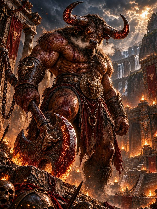 Towering armored minotaur holds a rune battle axe standing above a burning labyrinth battlefield