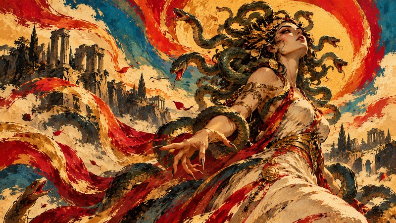 Mythological gorgon Medusa with writhing snake hair stands before ancient Greek ruins under a swi...