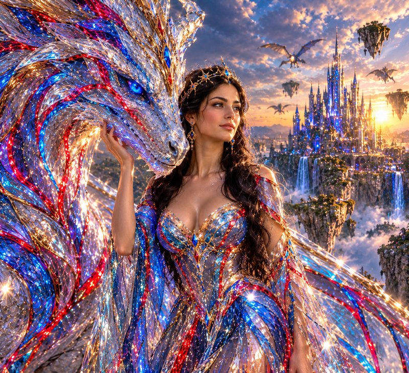 Regal fantasy queen gently rests her hand on a glittering crystalline dragon beside a floating ca...