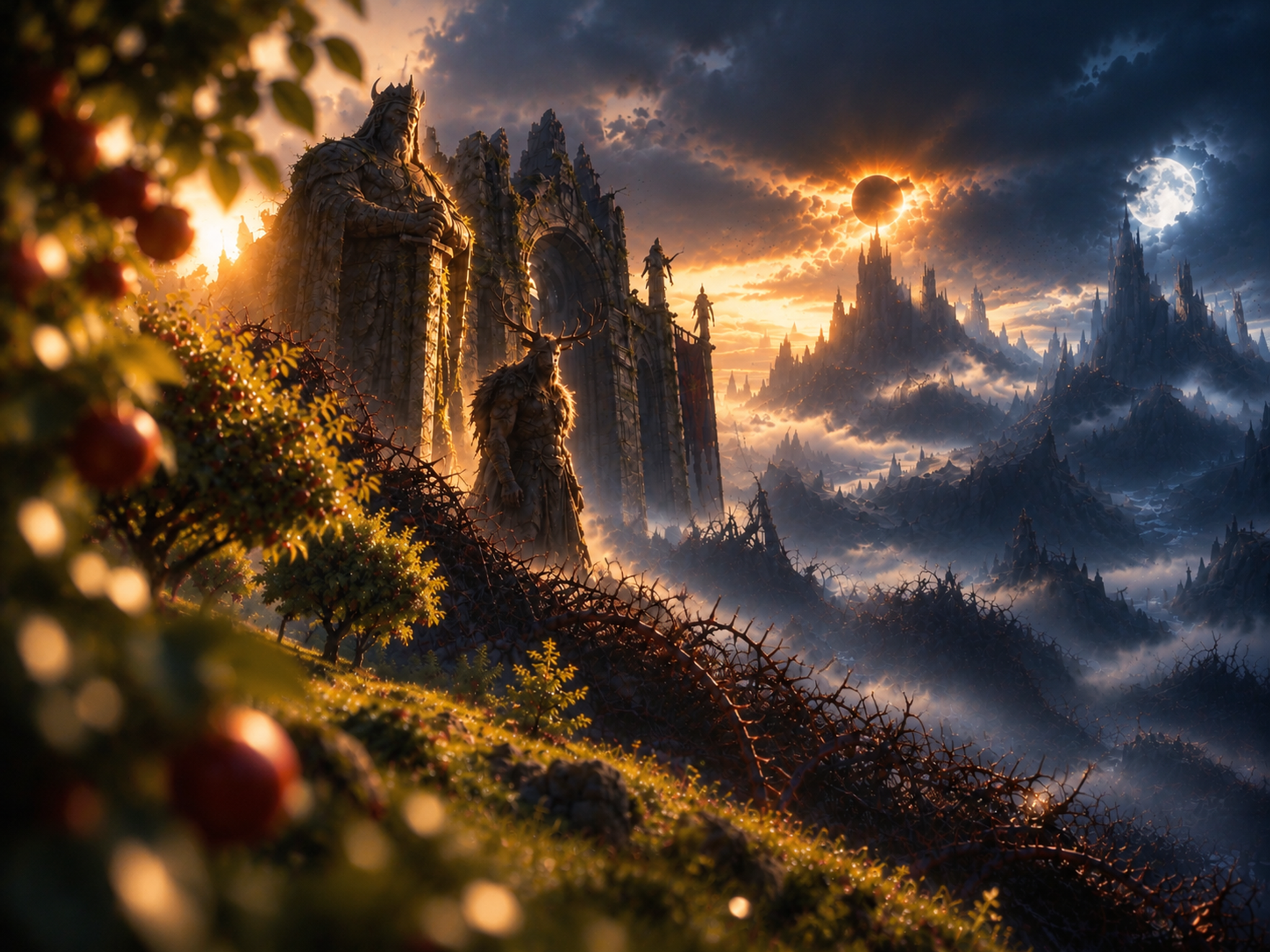 Giant stone gate with mythic statues overlooks a misty fantasy kingdom during a dual sun and moon eclipse