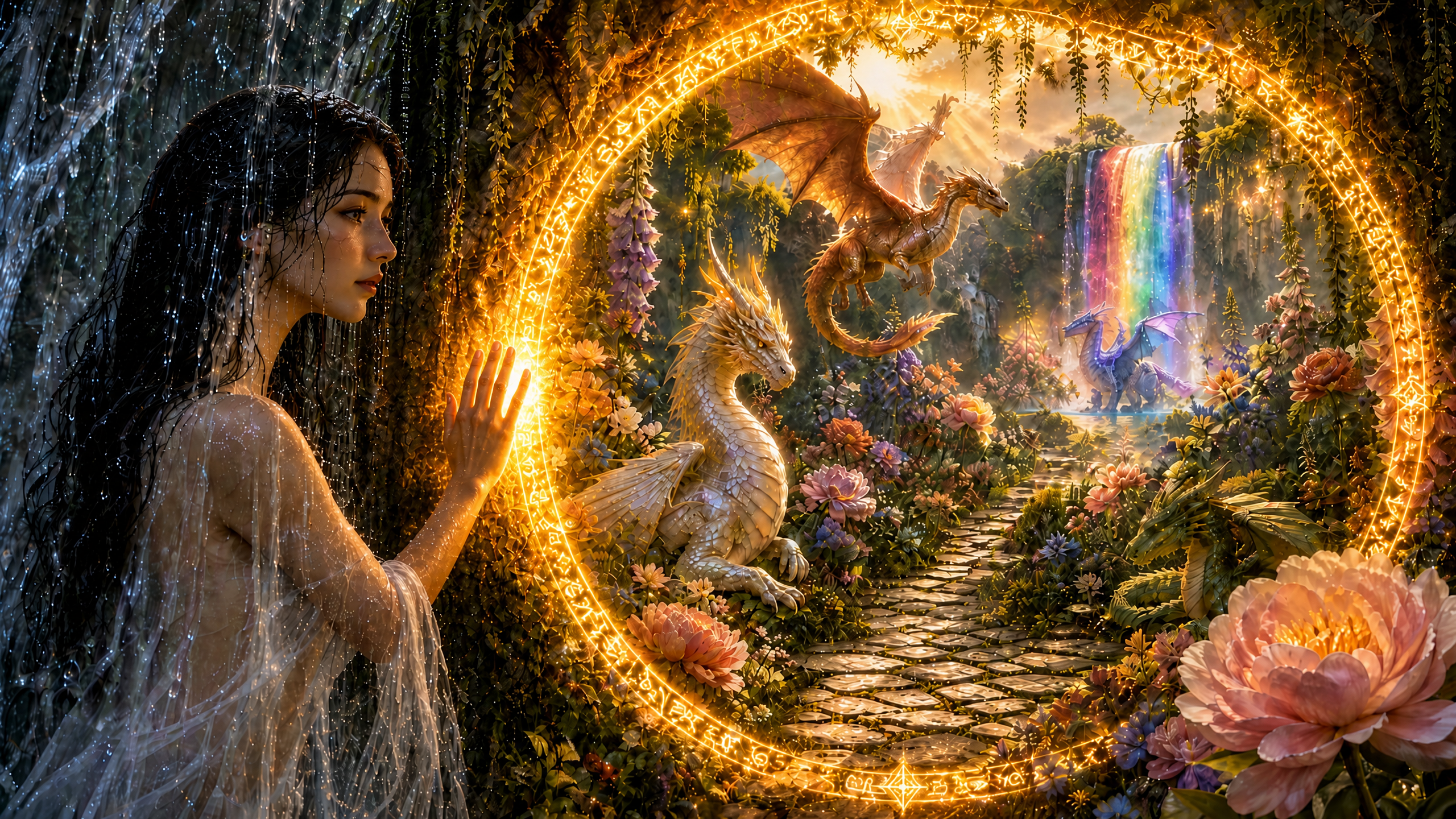 Mystical water witch reaches for a glowing rune portal opening to an ...