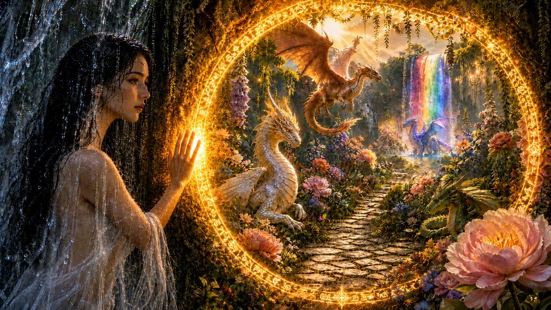 Mystical water witch reaches for a glowing rune portal opening to an enchanted garden of dragons