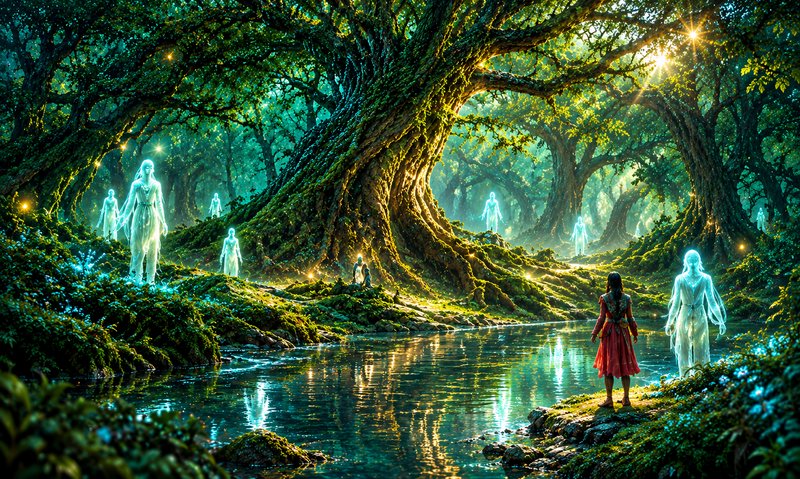 Traveler stands at an enchanted forest riverbank surrounded by glowing ethereal spirits beside a ...