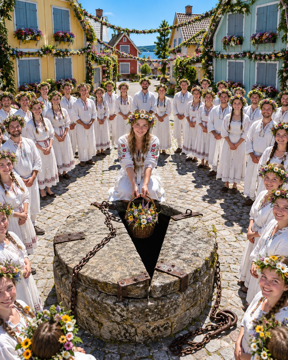 Young woman with a flower crown holds a wildflower basket at an old stone well, surrounded by festival goers in folk dress