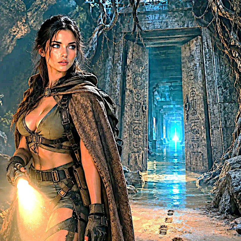 Female explorer holding a flashlight stands at the entrance of a flooded ancient stone tomb