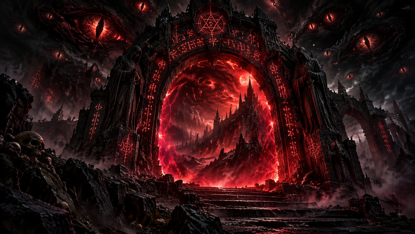 Glowing rune-carved hell gate opens to a fiery demonic underworld, watched by floating red demon eyes