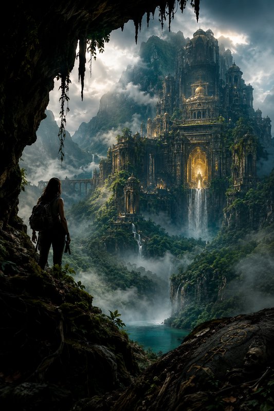 Backpacker stands at a cave opening gazing at a massive overgrown ancient fantasy temple in a mis...