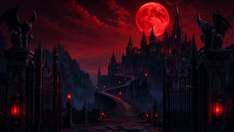 Gothic spired castle framed by gargoyle-topped iron gates under a bright blood red full moon