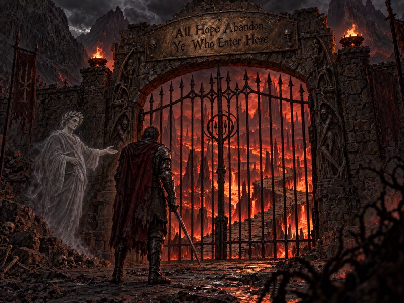 Armored knight stands before the Gates of Hell as a ghostly spirit gestures beside the fiery infe...