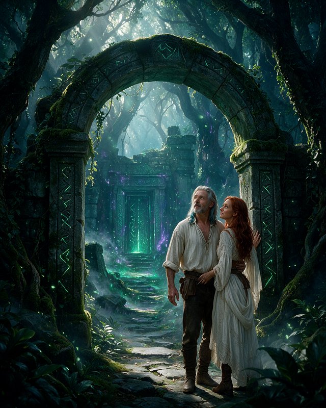 Medieval couple stands beneath a rune-carved stone arch before a glowing magical portal in an enc...