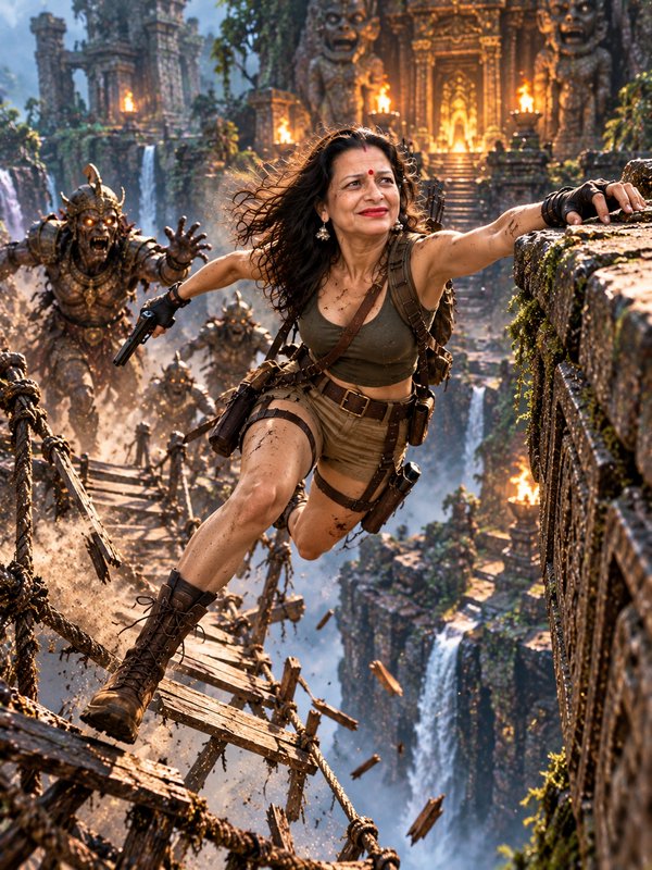 Female explorer leaps from a collapsing rope bridge while armored demonic guards chase her near a...