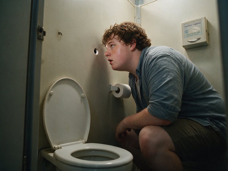 Curly haired teen boy crouching to peer through a small hole in a public bathroom stall partition