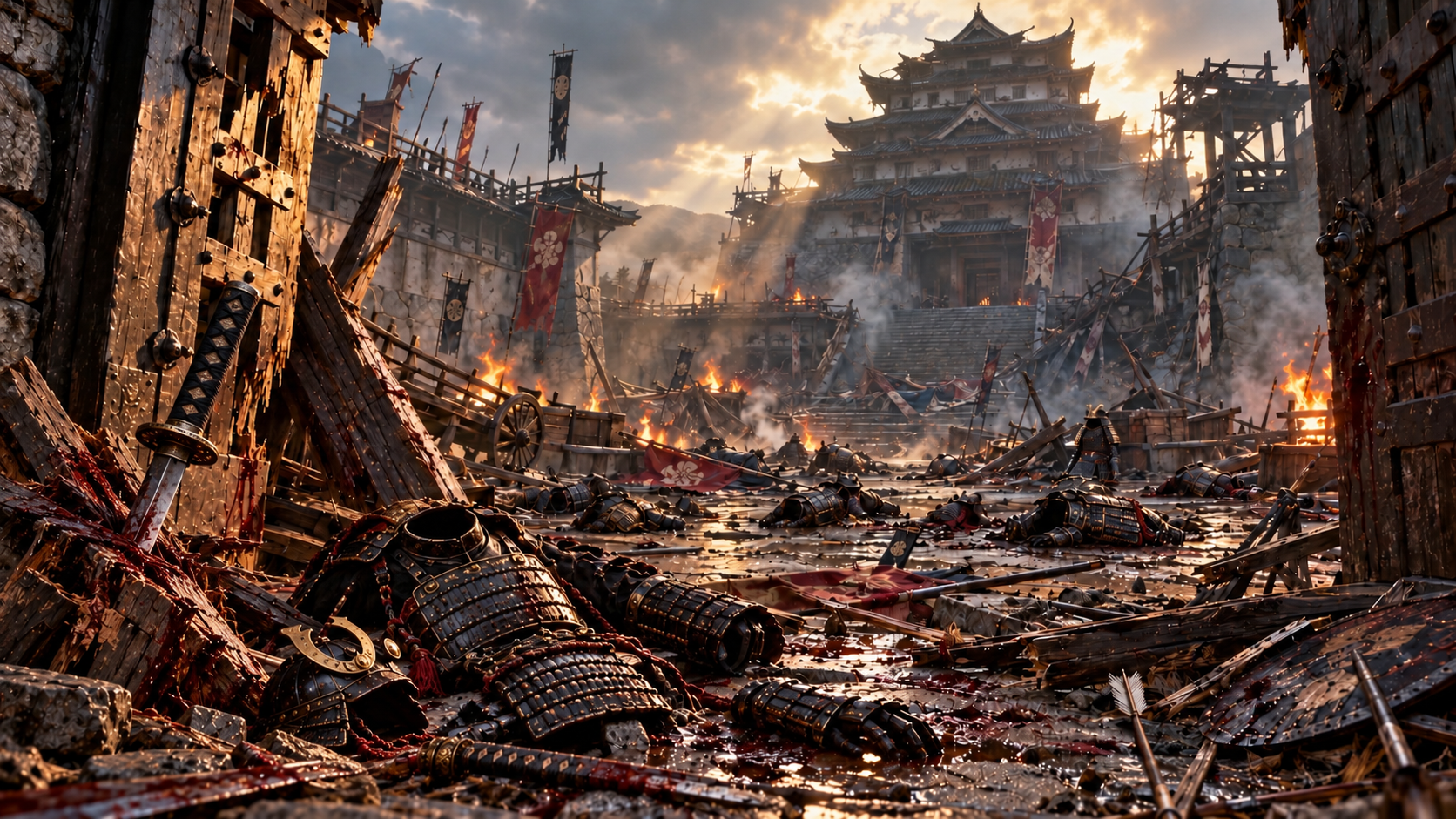 Fallen samurai armor litters a smoldering battle-ruined courtyard outside a feudal Japanese castle at golden sunset