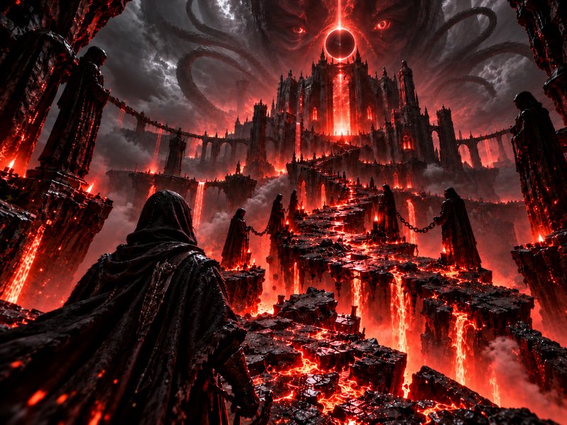 Hooded wanderer stands on a lava-strewn path gazing up at a demonic gothic hell fortress under a ...