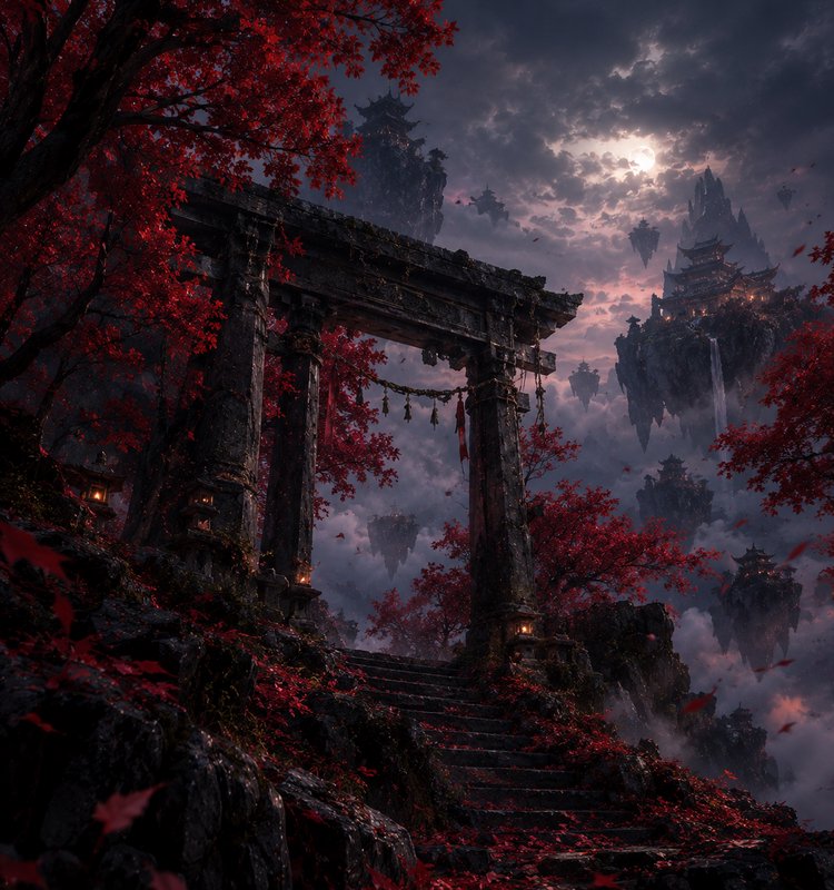 Weathered ancient stone torii gate overlooks floating pagoda temples amid red maple trees at moon...