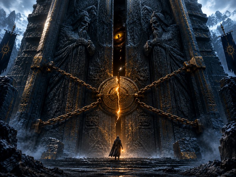 Hooded wanderer holding a lantern stands before an enormous chained ancient stone temple gate