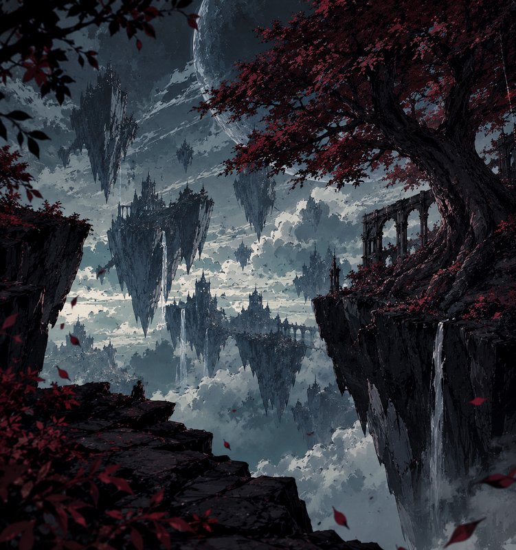 Floating gothic castle islands drift above clouds, framed by crimson leaf trees and a giant plane...