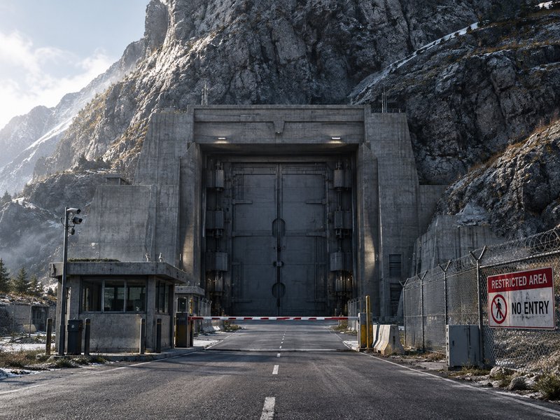 Massive reinforced mountain bunker entrance at a restricted security checkpoint built into a stee...
