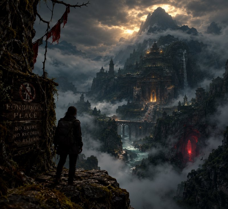 Lone hiker stands on a cliff edge gazing at a mist-shrouded forbidden ancient mountain temple com...