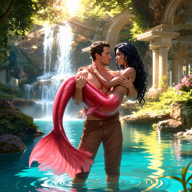 Man tenderly holds a red-tailed mermaid while standing in a sunlit pool beside jungle ruins and a...
