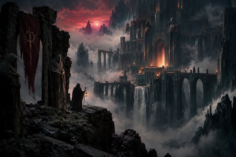 Lone hooded traveler holding a lantern overlooks a mist-shrouded gothic fantasy citadel above wat...