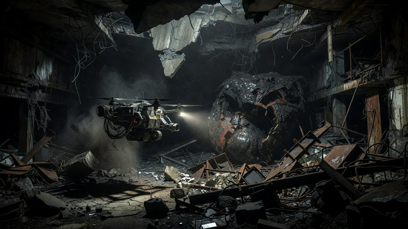 Futuristic search drone illuminates a cracked giant skull inside a collapsed rubble-strewn ruined...