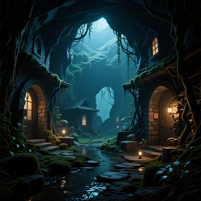 Warm lit stone cottages line a mossy stream inside a vast moonlit root-covered cave at night