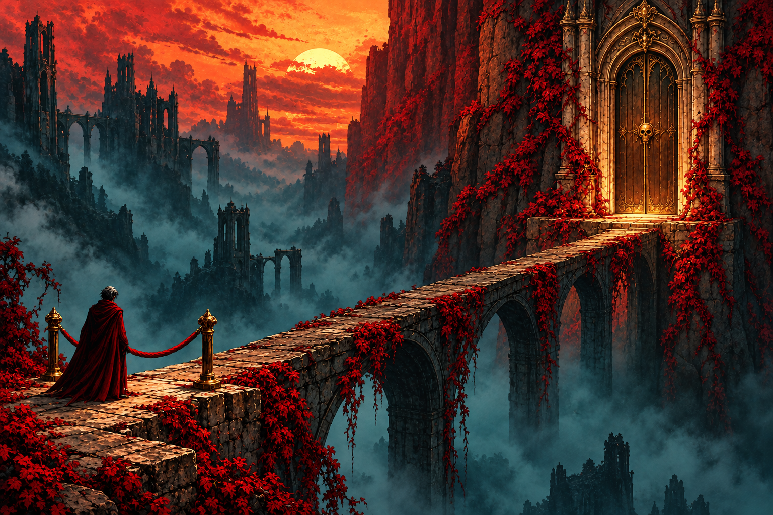 Lone figure in a red cloak stands on a stone bridge overlooking misty gothic ruins under a fiery red sunset