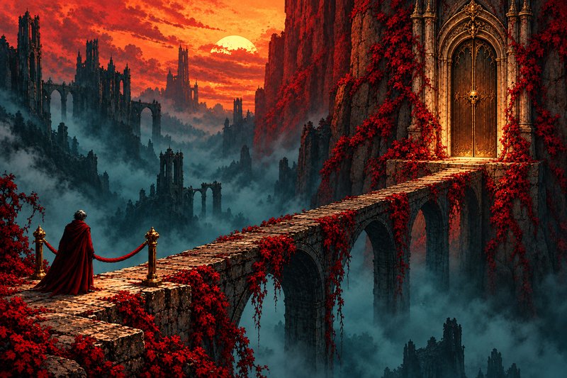 Lone figure in a red cloak stands on a stone bridge overlooking misty gothic ruins under a fiery ...