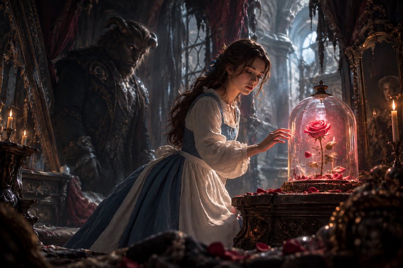 Belle reaches for the enchanted glass rose as the Beast watches from his misty gothic castle chamber