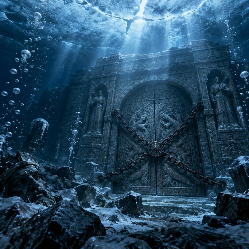 Chained ornate ancient stone temple door sits underwater beneath cracked glacial ice with rising ...