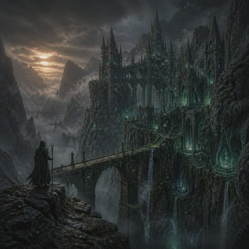 Hooded wizard stands on a cliff overlooking a glowing gothic mountain fortress at misty dusk