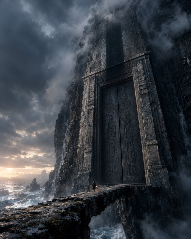 Lone wanderer on a stone bridge faces a massive ancient carved door built into a stormy sea cliff...