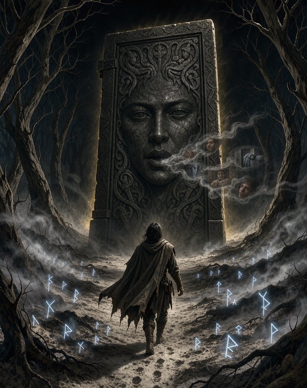 Robed wanderer approaches a giant carved stone portal lined with glowing runes in a misty dead fo...