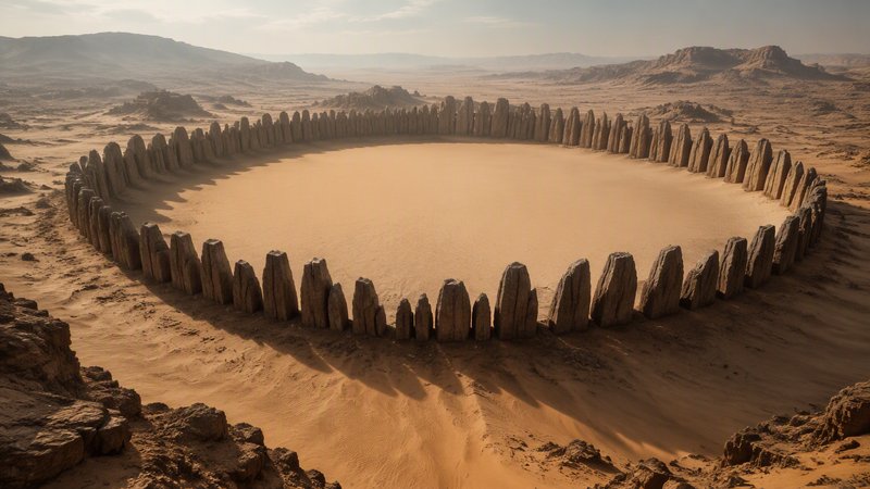 Circular standing stone ring enclosing a sandy basin in a vast hazy arid desert landscape