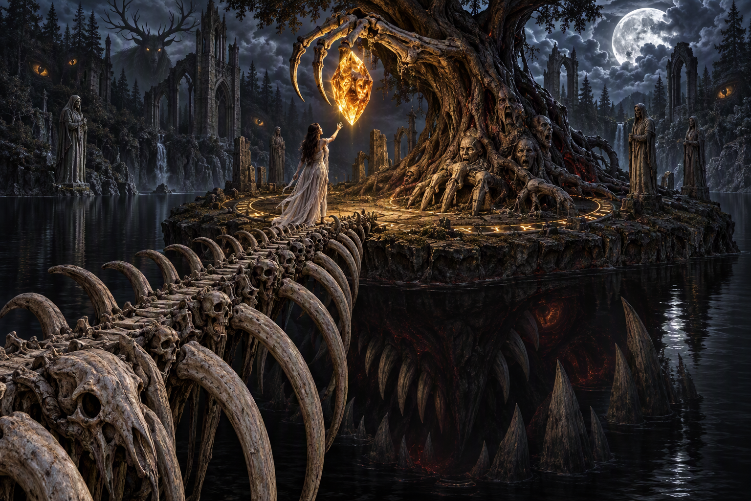 Woman reaches for a glowing magical crystal across a bone bridge on a cursed gothic moonlit island
