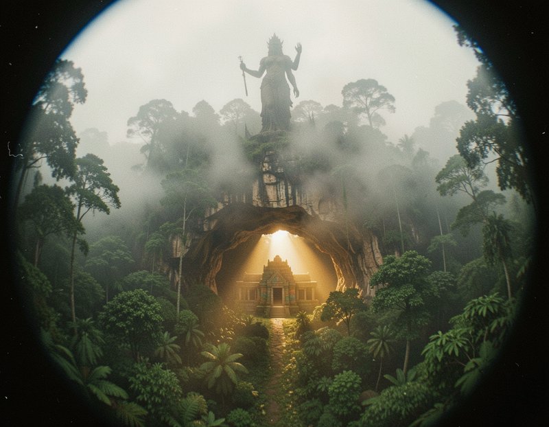 Giant multi-armed deity statue stands atop a cliff overlooking a sunlit cave temple in misty jungle