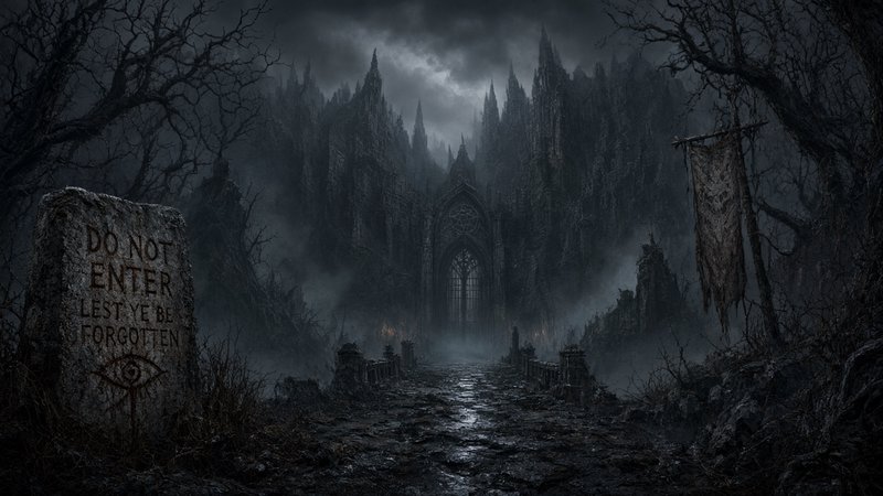 Weathered warning stone marks the misty path to a foreboding gothic fortress in a dead twisted fo...