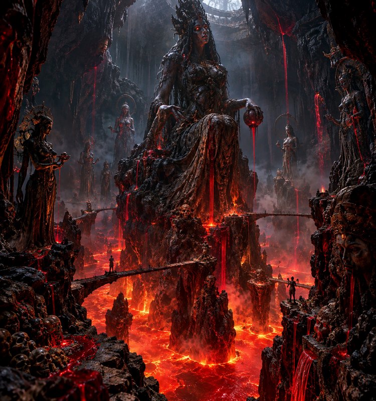 Towering underworld goddess enthroned above glowing lava rivers in a hellish, statue-lined cavern