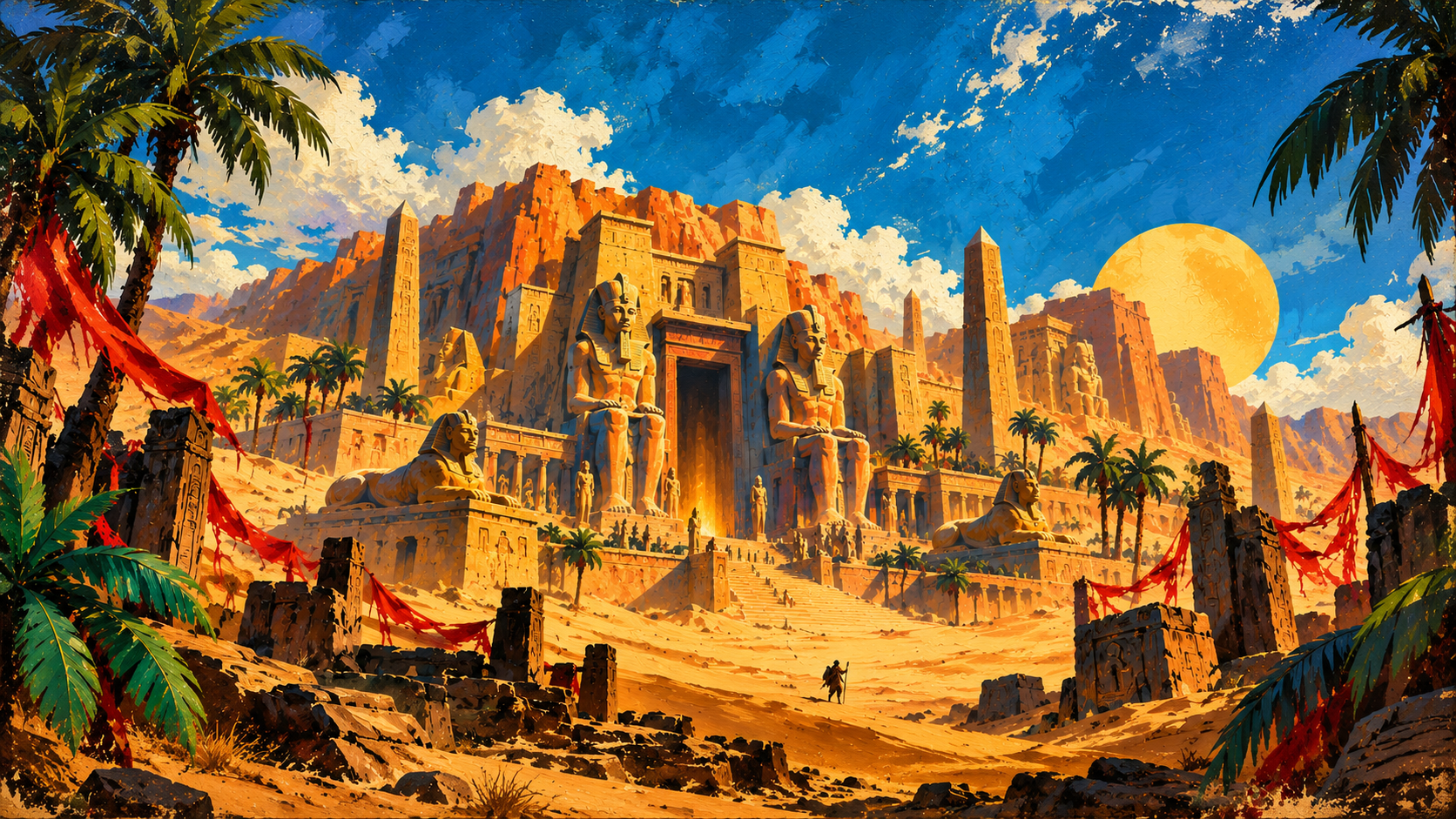 Lone wanderer approaches a grand ancient Egyptian temple complex built into sunlit desert cliffs