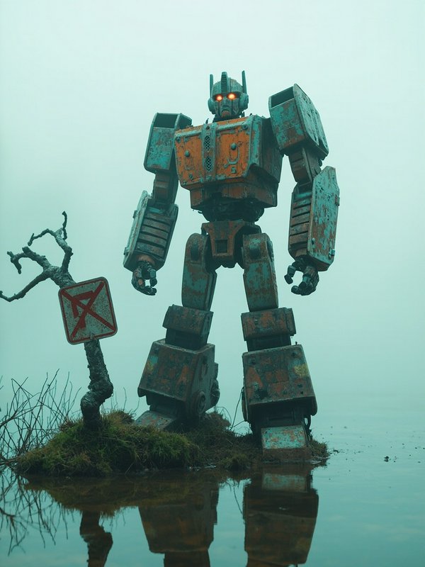 Rusty, weathered robot sculpture standing on a small grassy island by the water