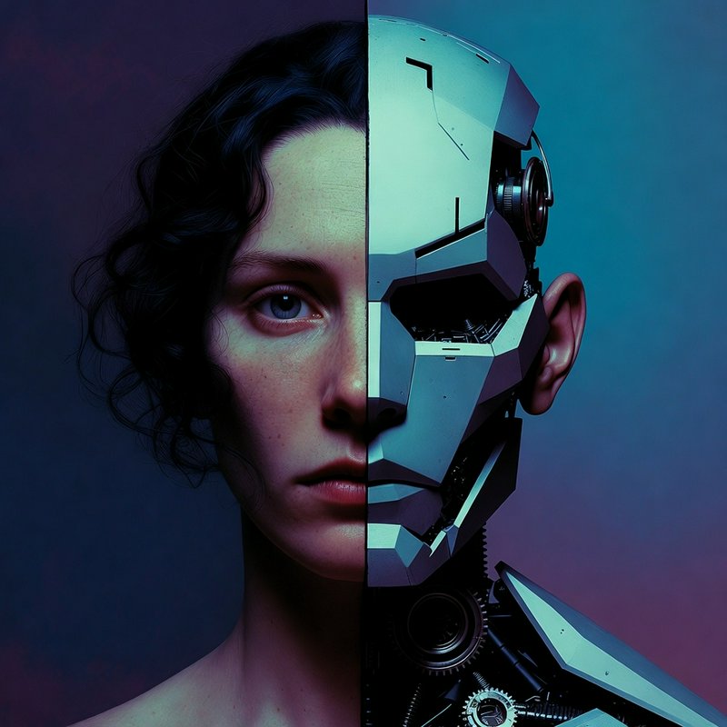 Split-face portrait: human on the left and a futuristic robot on the right.