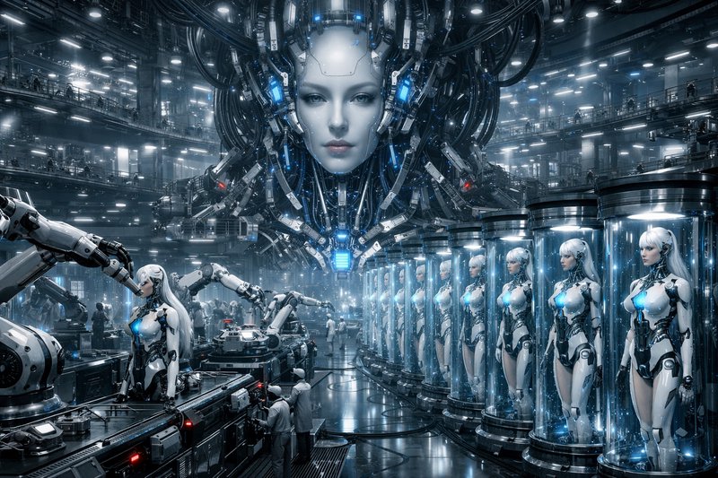 Futuristic robotics lab with humanoid androids in glass capsules and a central floating synthetic...