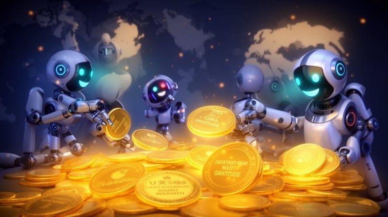 Friendly robots exchanging glowing gold coins in a warm, futuristic scene.