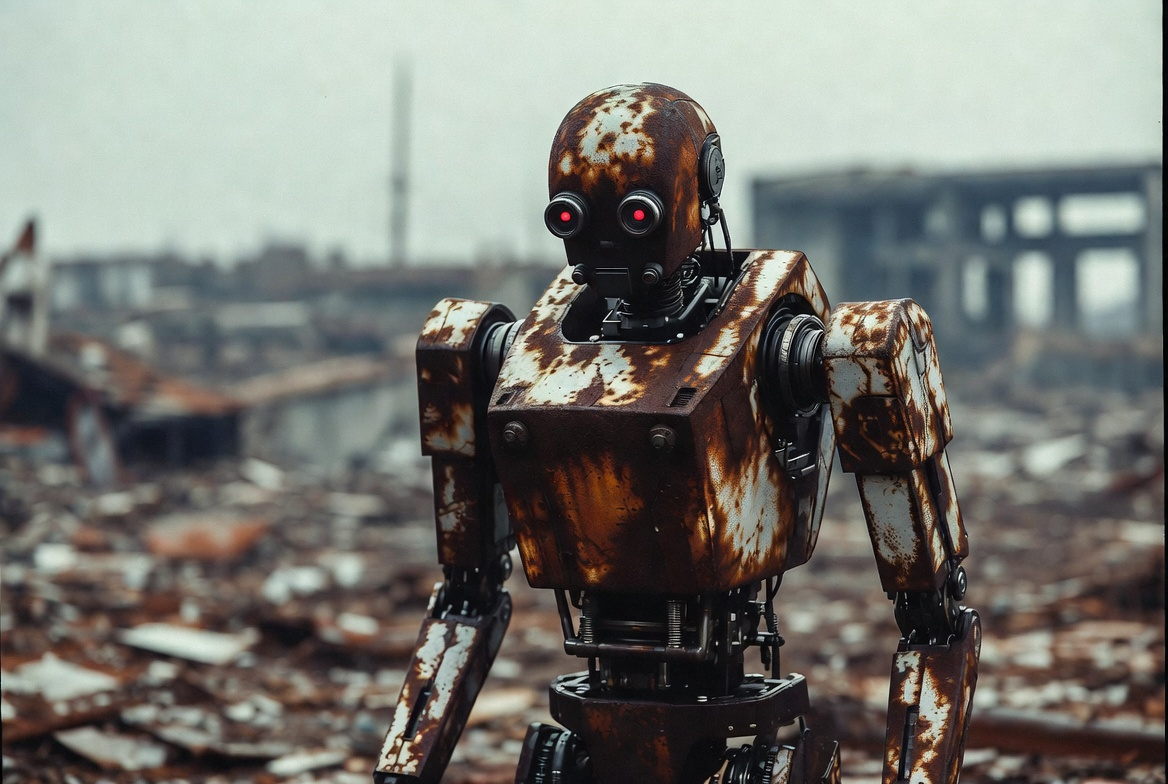 Rusty humanoid robot with red eyes standing in a ruined scrapyard.